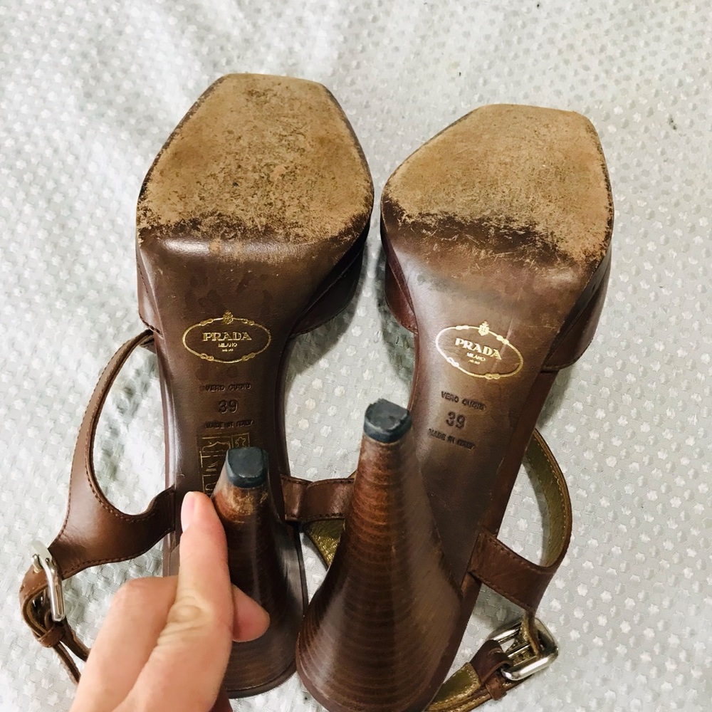 Prada Brown Leather Peep-Toe Slingback Heels - Picture 11 of 15